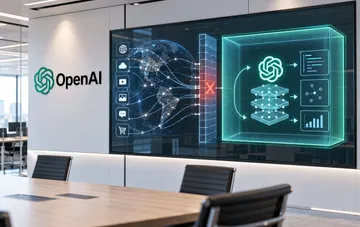 Логотип OpenAI на стене в офисе рядом с экраном, отображающим сетевую инфраструктуру и ИИ-модели.