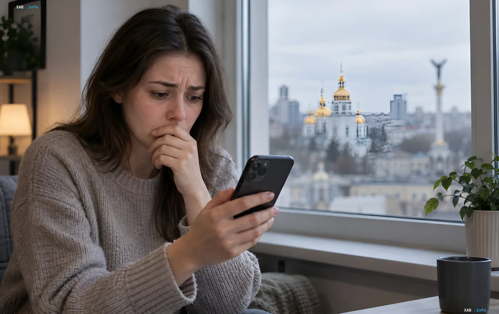 Upset woman looking at a smartphone by a window with a Kyiv cityscape