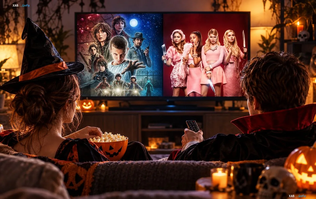 Пара в костюмах ведьмы и вампира смотрит телевизор с хэллоуинскими сериалами