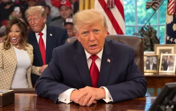 Дональд Трамп сидит за столом в офисе, в то время как женщина на заднем плане радостно кричит