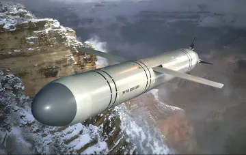 Graphic illustration of a cruise missile in flight over a winter canyon in the context of missile strikes on Kyiv