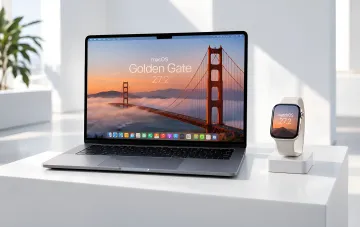 MacBook laptop and Apple Watch smartwatch on a light table with macOS Golden Gate 27.2 wallpaper