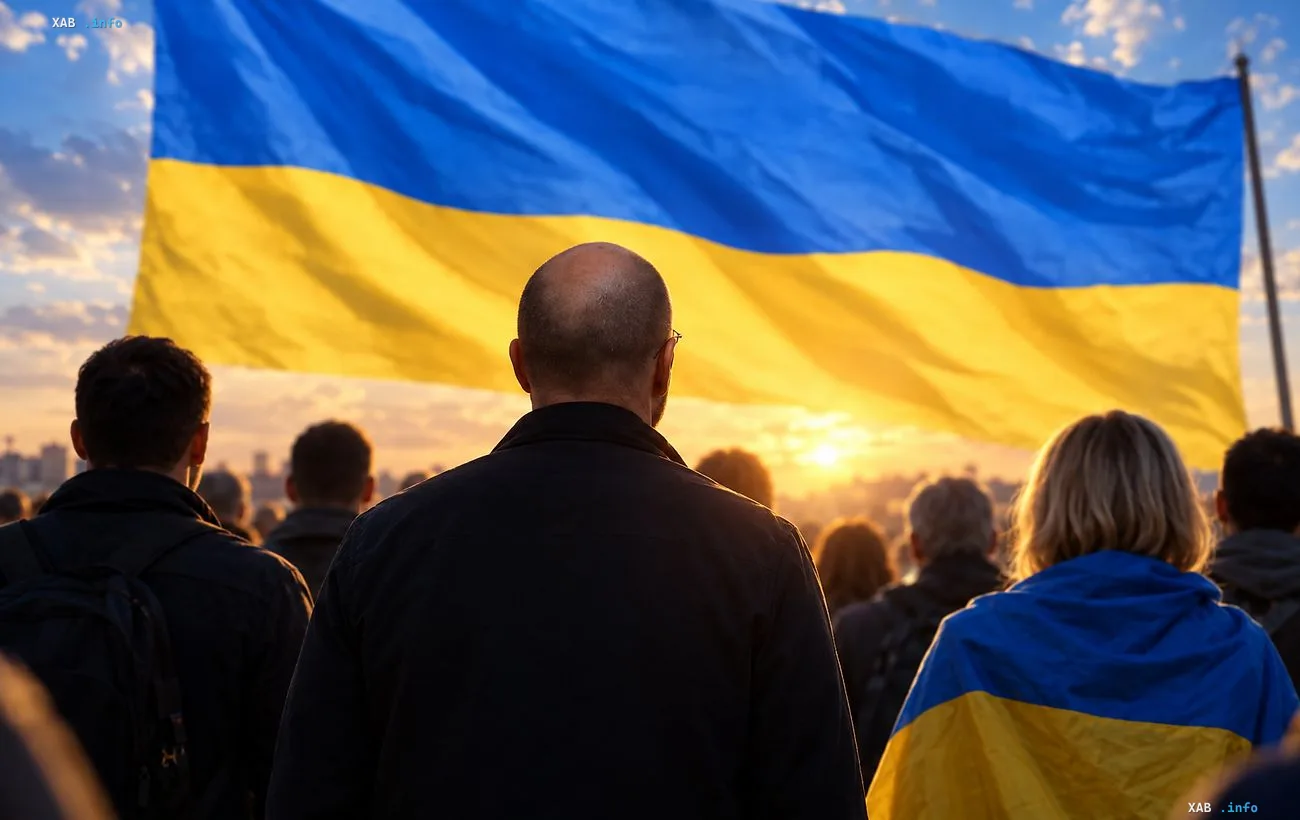 People from behind looking at a large Ukrainian flag at sunset