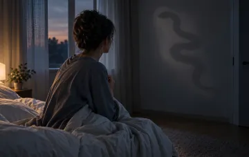 Eine Frau wacht nachts im Bett auf, erschrocken über einen Schlangenschatten an der Wand