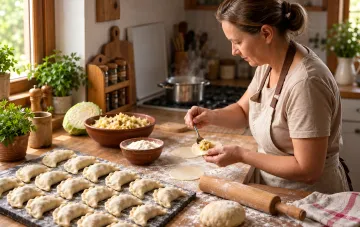 Женщина в фартуке лепит домашние вареники с капустой на кухне