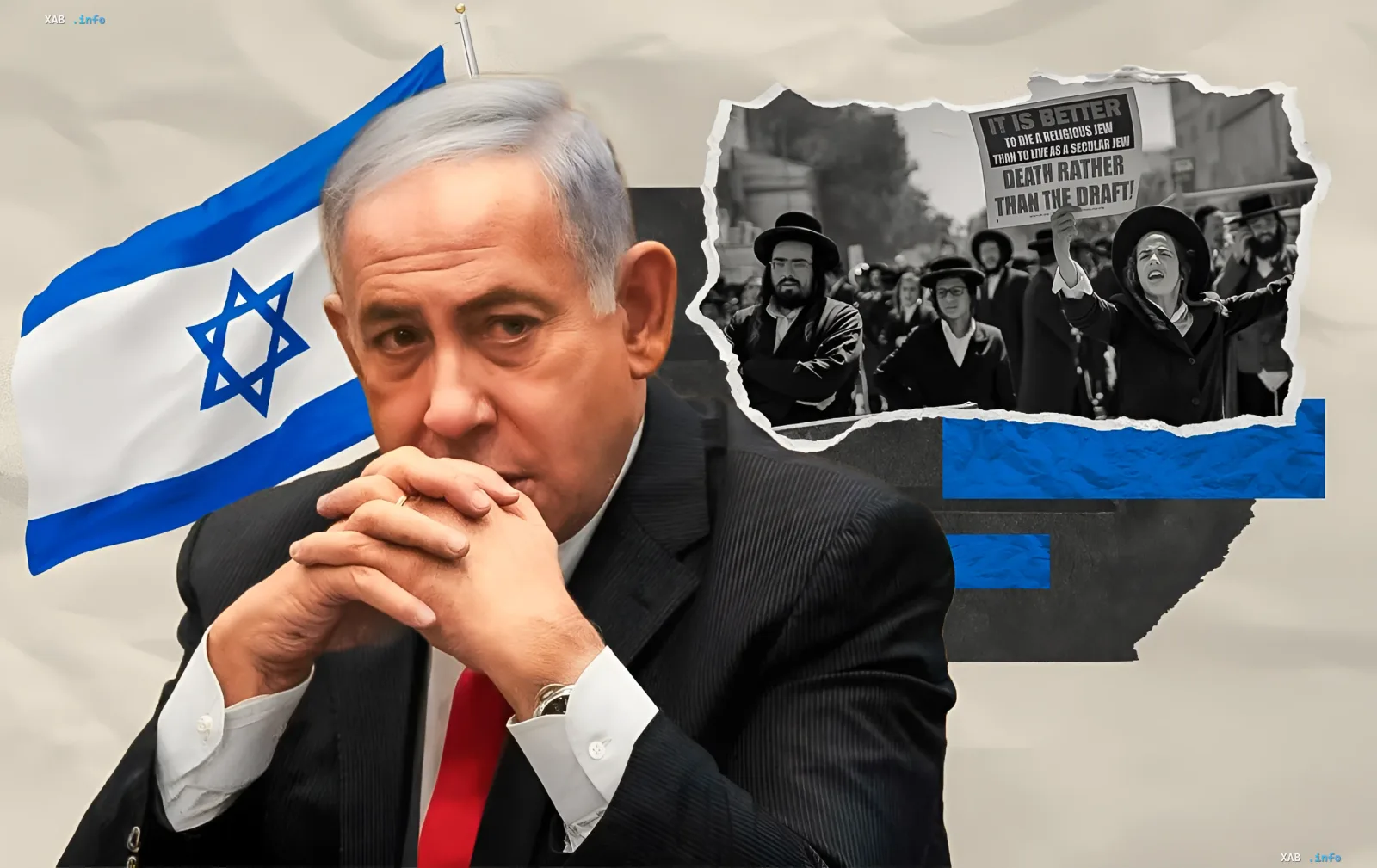 Benjamin Netanjahu vor dem Hintergrund der israelischen Flagge und Charedim-Protesten gegen die Wehrpflicht
