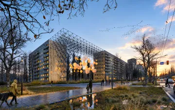 Konzeptioneller Entwurf des Denkmals Raum der Abwesenheit in Dnipro mit Metallgerüst und leuchtenden Kugeln
