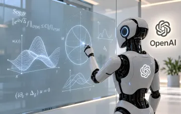 Білий робот із логотипом OpenAI торкається світлового екрана з математичними формулами та графіками