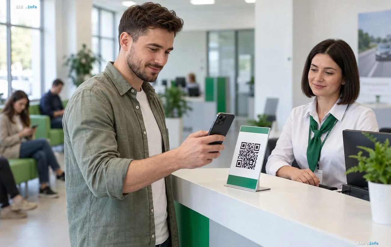 Мужчина сканирует QR-код на стойке обслуживания в украинском сервисном центре МВД