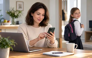 Mutter am Laptop und Smartphone zu Hause, während sich ihre Tochter mit einem Rucksack auf die Schule vorbereitet