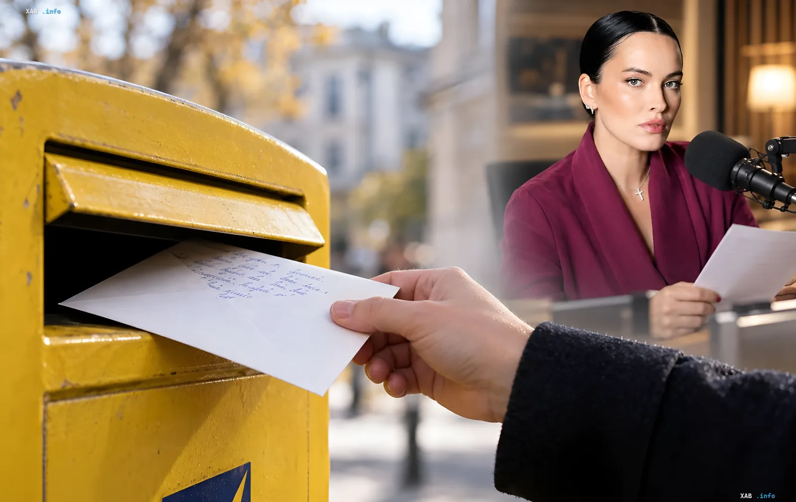 A hand drops a letter into a yellow mailbox next to a woman at a microphone