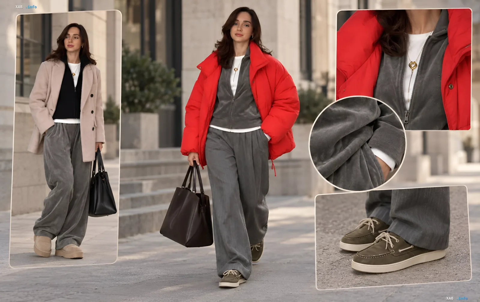 Stylist in a gray tracksuit demonstrates three looks with a coat, puffer jacket, and accessories outdoors