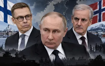 Finnish President Alexander Stubb, Vladimir Putin, and Norwegian Prime Minister Jonas Gahr Støre against the backdrop of state flags and a northern landscape