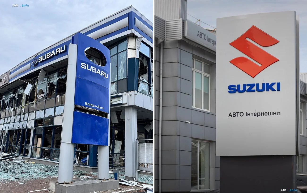 Пошкоджений автосалон Suzuki та вивіска дилерського центру в Києві