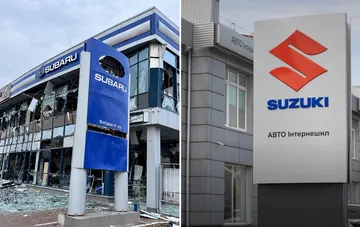 Пошкоджений автосалон Suzuki та вивіска дилерського центру в Києві