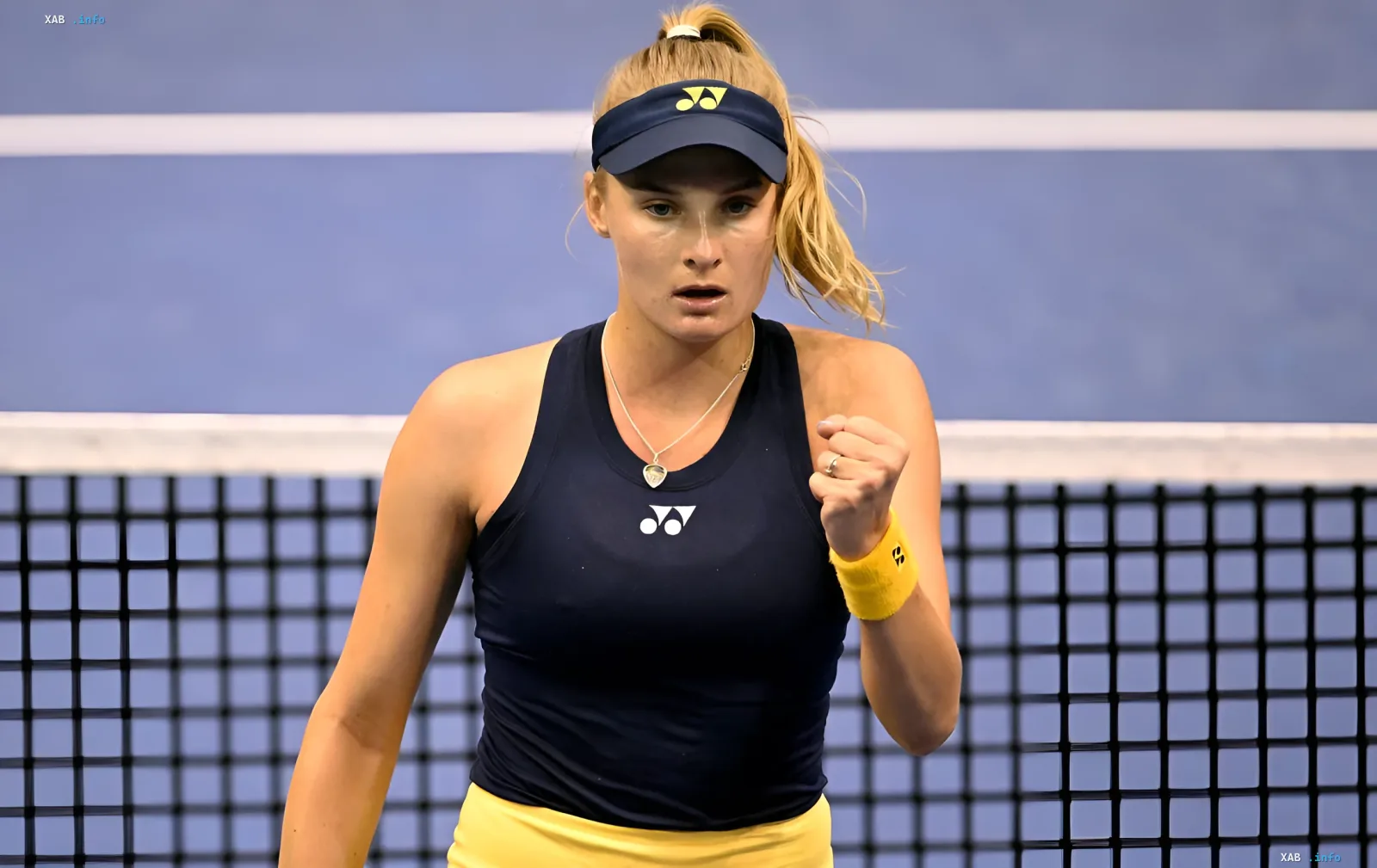 Ukrainian tennis player Dayana Yastremska celebrates on the tennis court