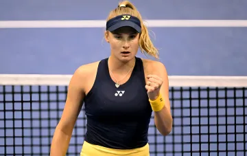 Ukrainian tennis player Dayana Yastremska celebrates on the tennis court