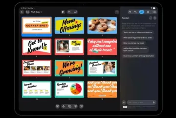 Інтерфейс програми Keynote на планшеті iPad з новим ШІ-асистентом та сіткою слайдів презентації