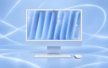 Blauer Apple iMac All-in-One-Computer mit Tastatur und Maus vor einem hellen abstrakten Hintergrund