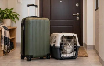 Grüner Trolley und Haustiertierbox mit einer flauschigen Katze im Flur vor einer Reise