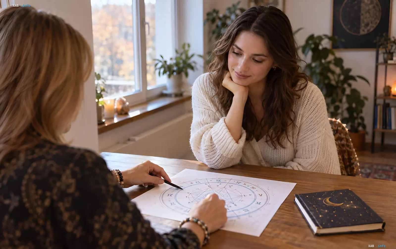 Astrologer discussing an astrological chart with a young woman at a wooden table in a room