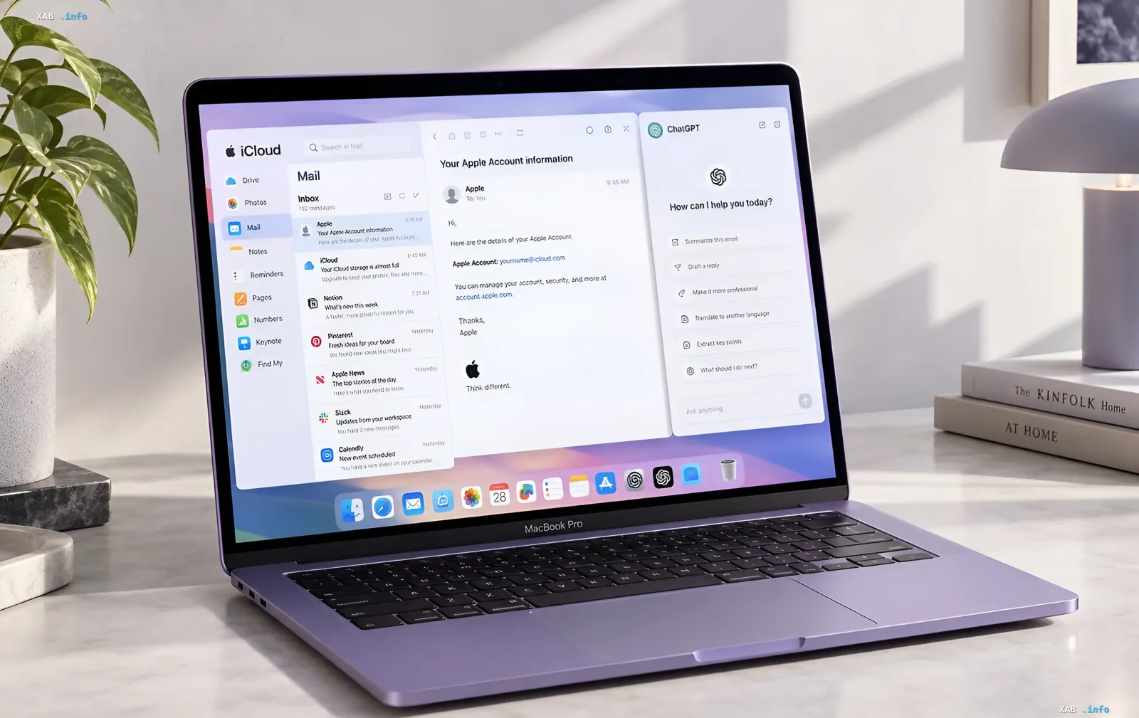 Фіолетовий ноутбук MacBook Pro з відкритим інтерфейсом ChatGPT та пошти iCloud на екрані