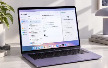 Фіолетовий ноутбук MacBook Pro з відкритим інтерфейсом ChatGPT та пошти iCloud на екрані