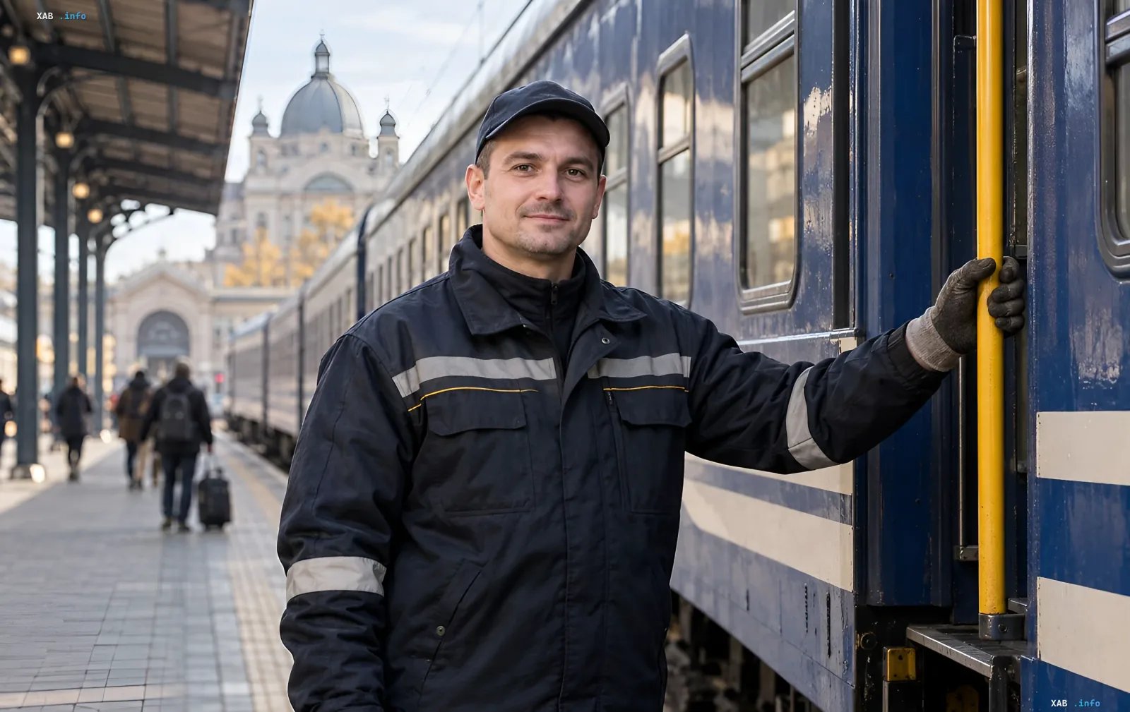 Railway worker in a uniform jacket and cap standing on a station platform near a blue passenger train