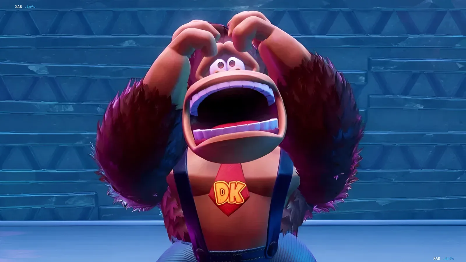 Donkey Kong mit offenem Mund und Händen am Kopf in Panik