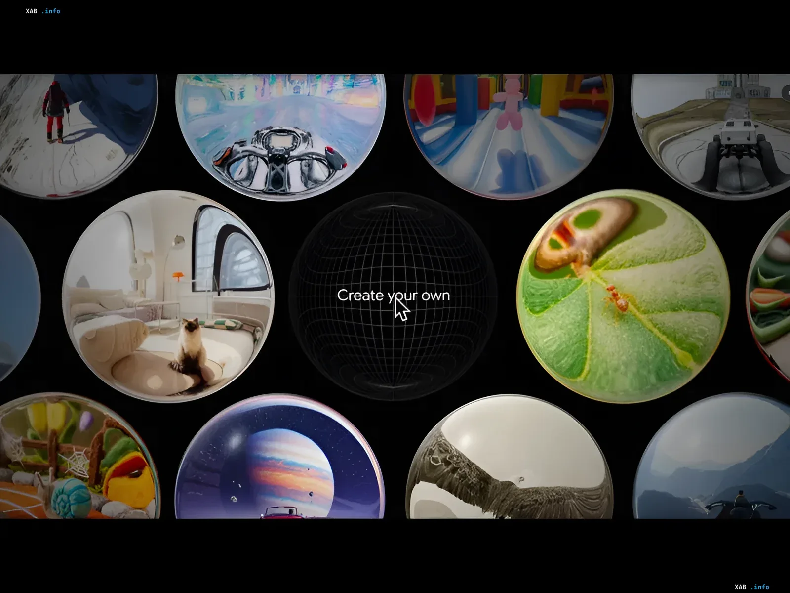 Genie 4 interface showing spherical previews of virtual worlds and a Create your own button
