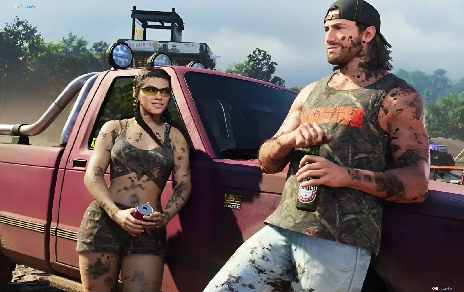 Действующие лица GTA 6 стоят грязные рядом с пикапом на фоне природы