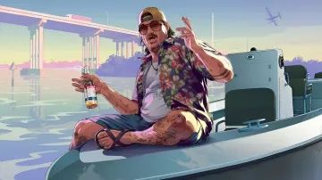 Главный герой GTA VI сидит в лодке с бутылкой напитка на фоне моста и заката в игре