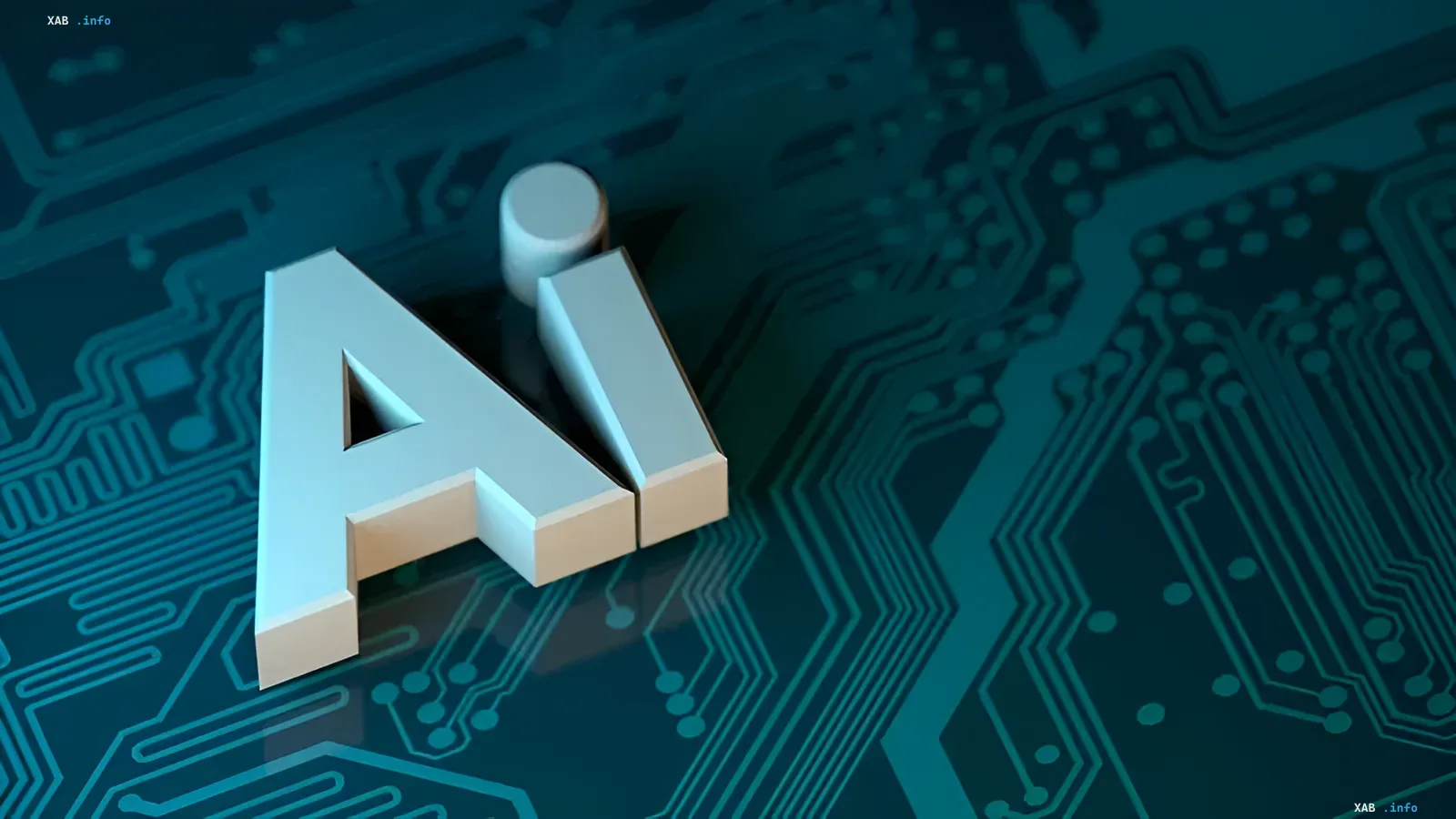 Абстрактное цифровое изображение аббревиатуры AI на фоне печатной платы