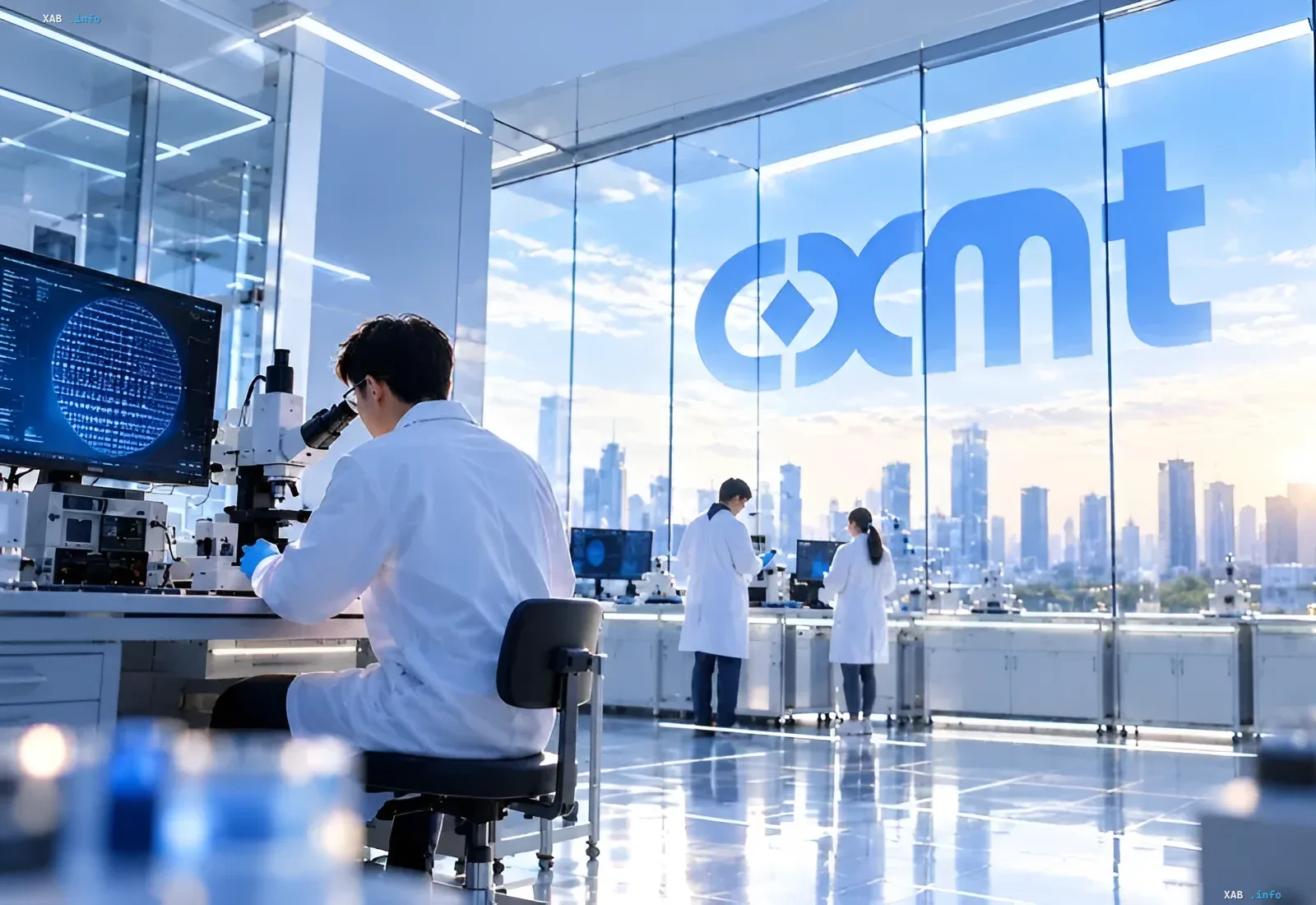 Scientists in white lab coats working with a microscope and computers in a modern laboratory with the OXMT logo on a glass wall