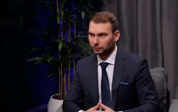 Ukrainian Member of Parliament and financial expert Yaroslav Zheleznyak in a studio during an interview