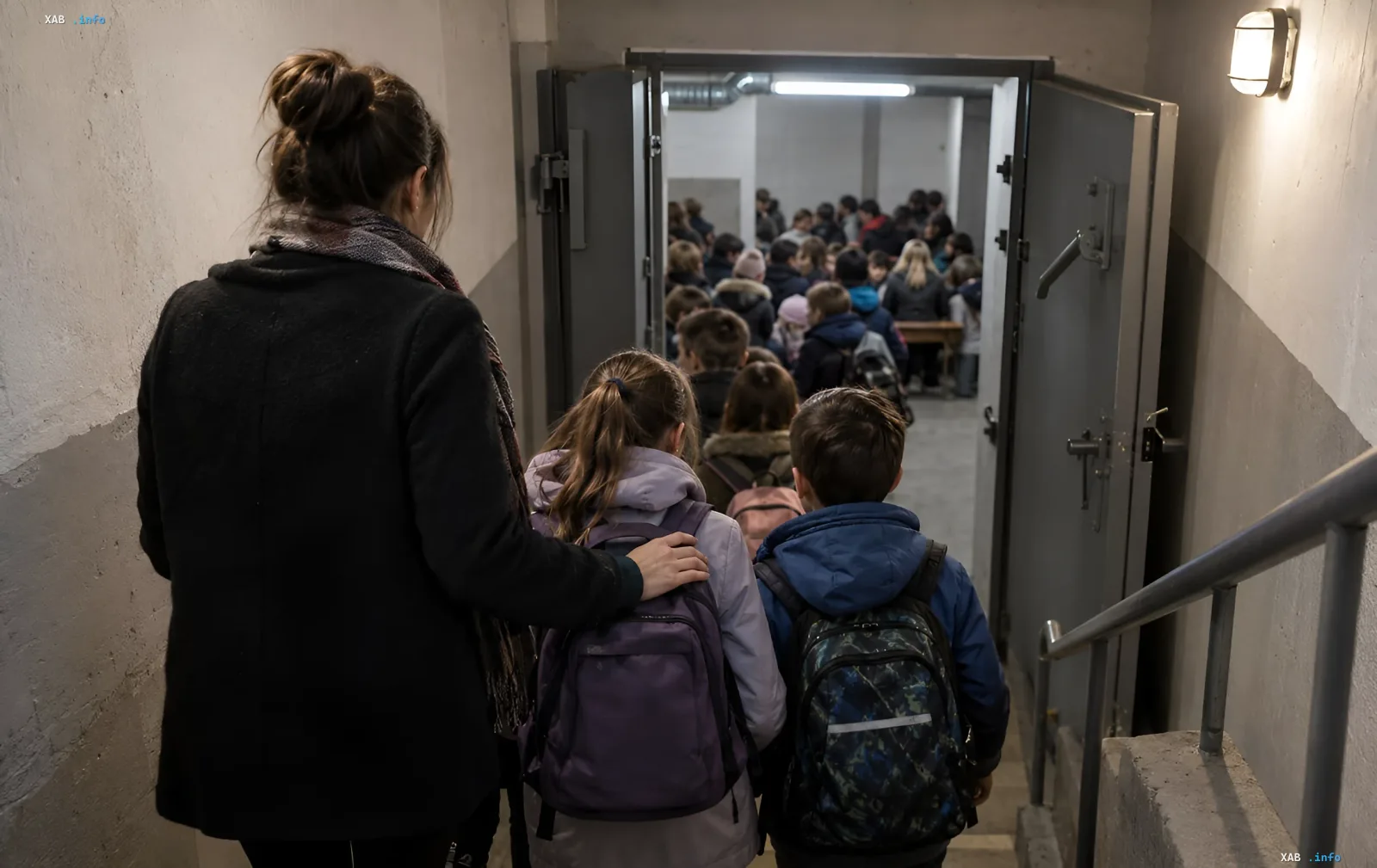 Eine Gruppe von Kindern mit Rucksäcken betritt unter Aufsicht eines Erwachsenen einen Schutzraum einer Schule.