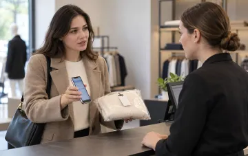 Покупательница показывает товар и смартфон с чеком продавцу в магазине одежды