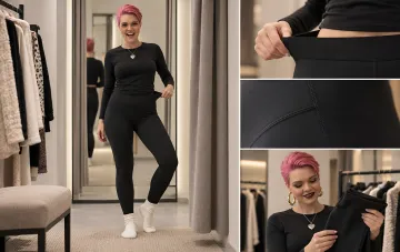 Frau mit pinken Haaren probiert schwarze Thermounterwäsche in einem Bekleidungsgeschäft an