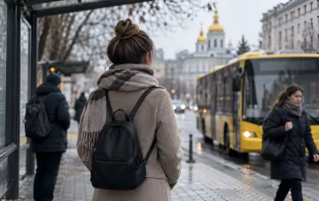 Женщина с рюкзаком ждет автобус на остановке в Киеве на фоне золотых куполов собора
