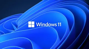 Синя абстрактна хвиляста заставка операційної системи Windows 11 з офіційним логотипом