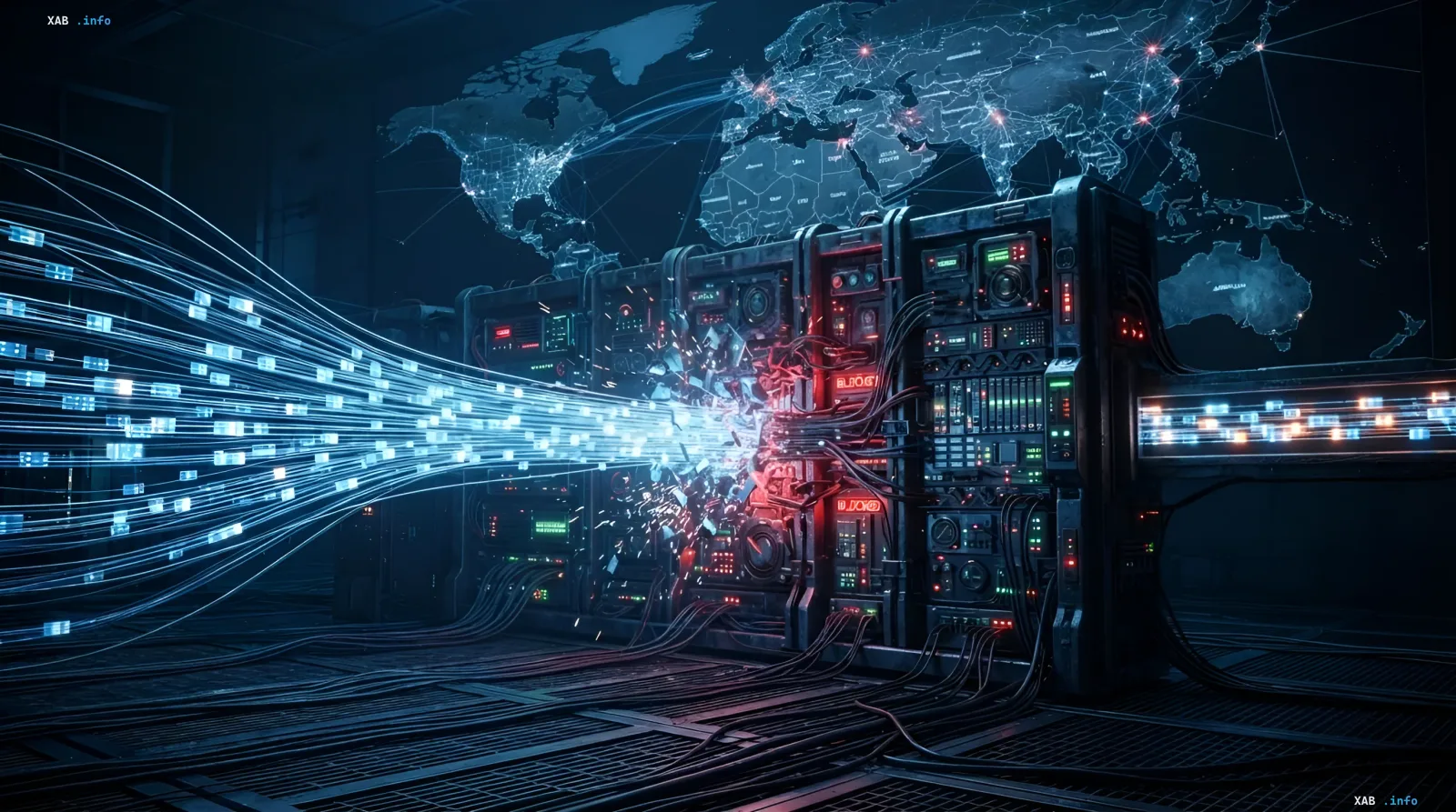 Server equipment and glowing data streams against the background of a world map