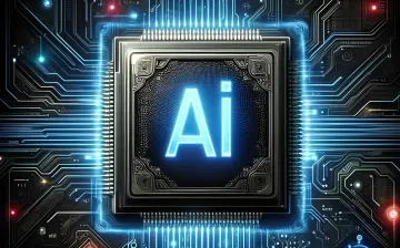 Мікропроцесор із написами AI та світними синіми неоновими доріжками на технологічній платі