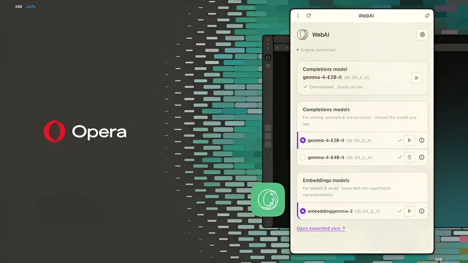 Opera browser interface with the WebAI panel for managing local Gemma and Embeddinggemma AI models