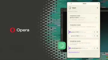 Opera browser interface with the WebAI panel for managing local Gemma and Embeddinggemma AI models