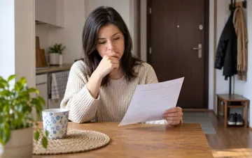 Eine Frau sitzt an einem Tisch in einem Raum und liest nachdenklich ein Dokument mit einer Tasse