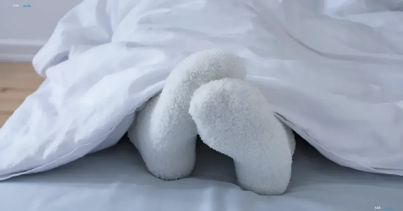 Weisse flauschige Socken an den Füssen unter einer weissen Decke im Bett