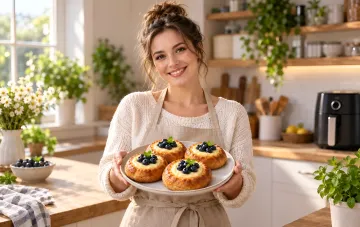 A smiling woman in an apron holding a plate of homemade healthy vatrushki with blueberries