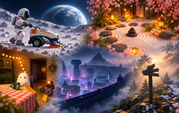 Коллаж из скриншотов атмосферных антистресс-игр для ПК включая космос и природу