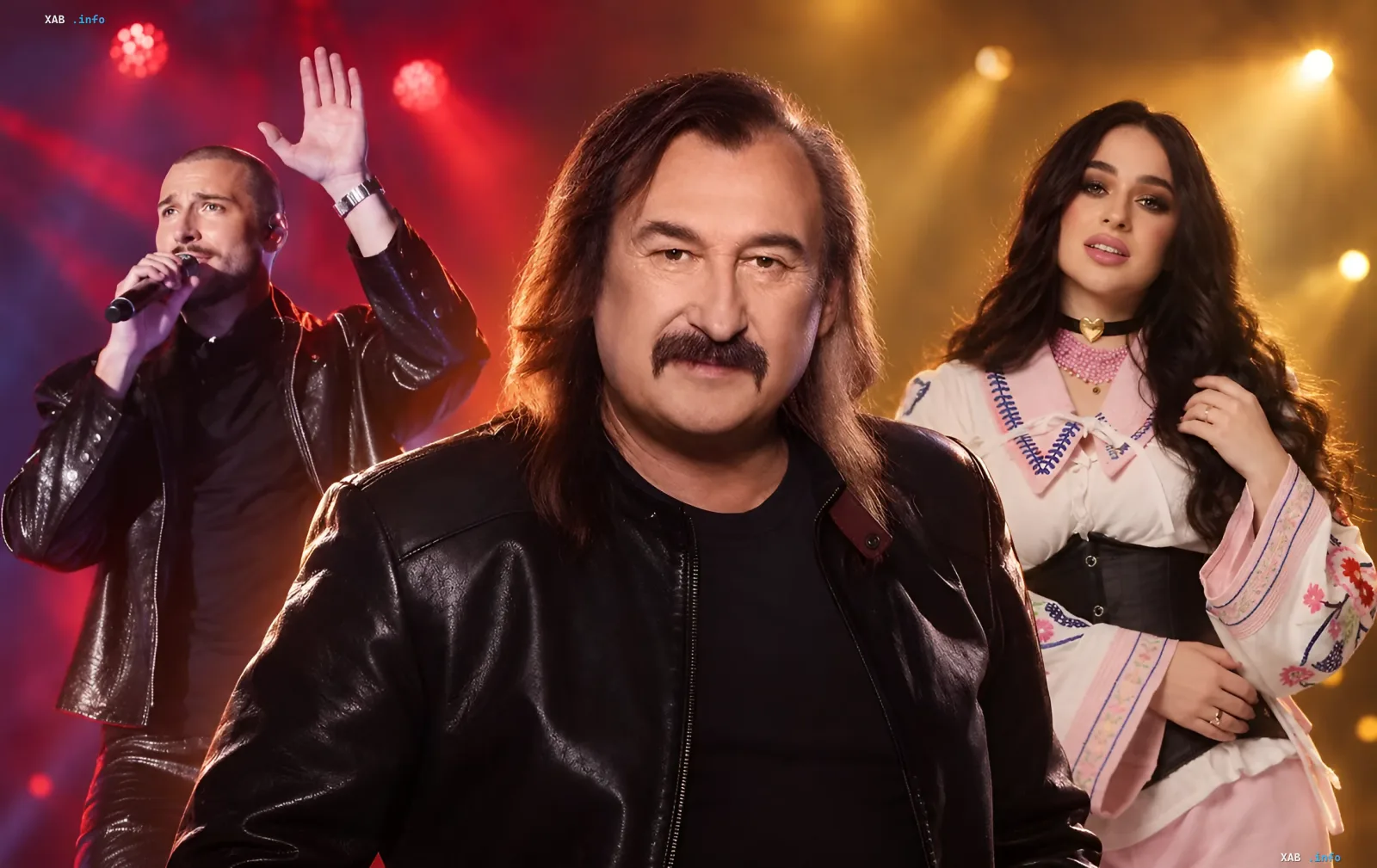 Stepan Higa in einer Lederjacke, umgeben von zwei jungen Künstlern auf der Bühne während eines Gedenkkonzerts