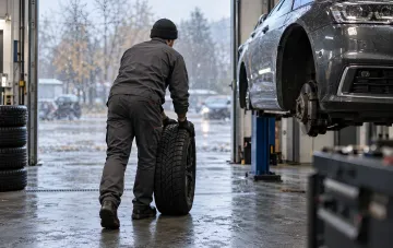 Автомеханик катит зимнюю шину по полу автосервиса на фоне поднятого на подъемник автомобиля в холодную погоду
